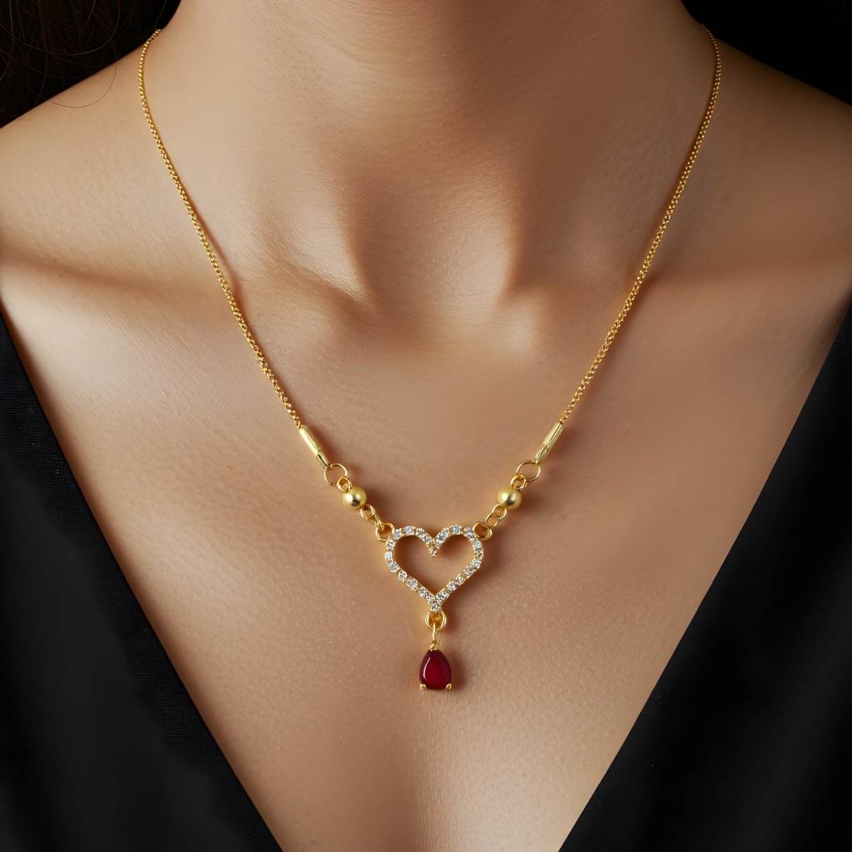 Gold-Plated Heart Pendant Chain with Ruby Drop for Women - BeMine