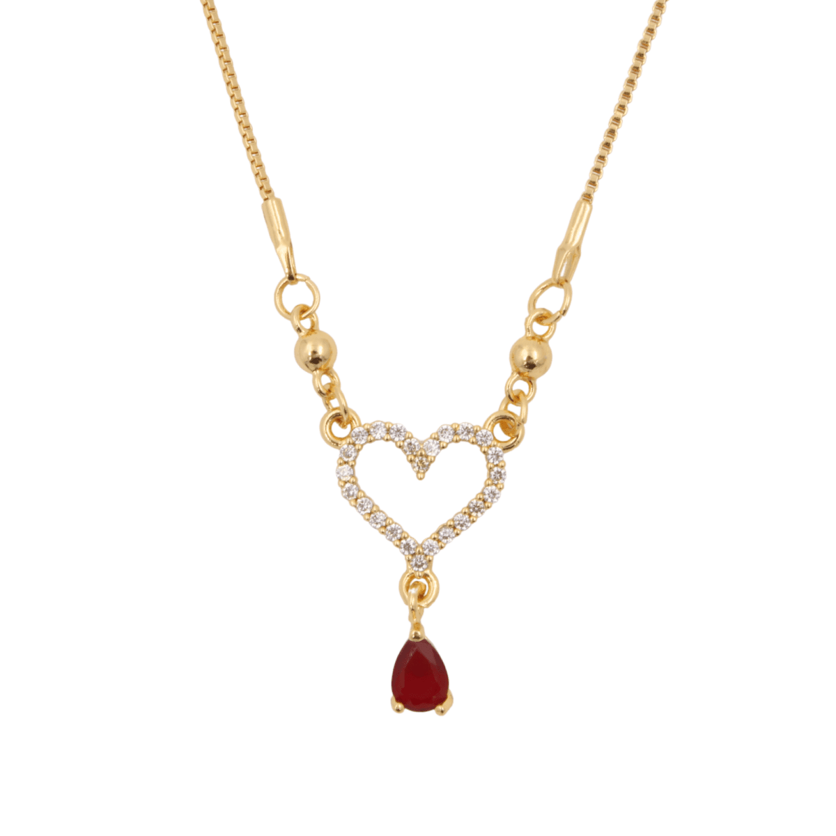 Gold-Plated Heart Pendant Chain with Ruby Drop for Women - BeMine