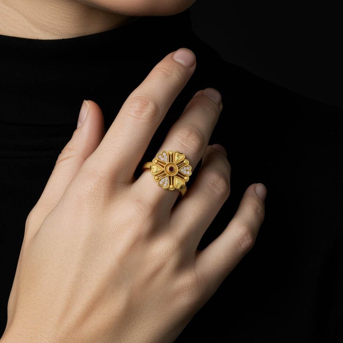 Gold-Plated Heart Petal Ring with CZ Stones – Adjustable for Women - BeMine