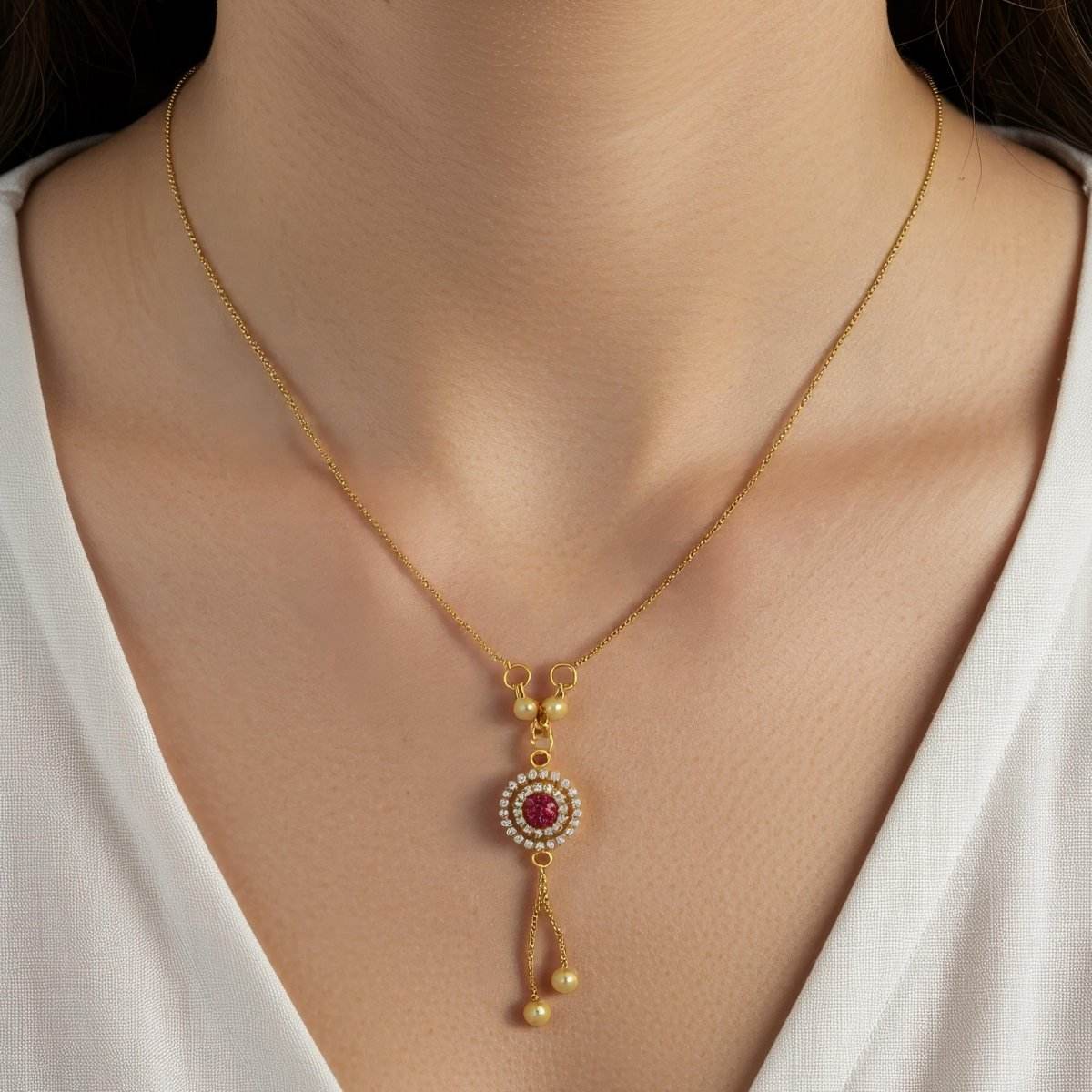 Gold-Plated Round Pendant Necklace with Ruby Red & CZ Stones - BeMine