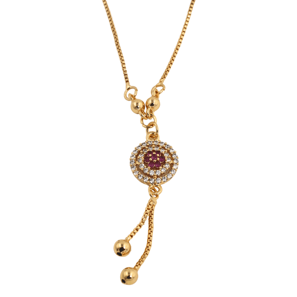 Gold-Plated Round Pendant Necklace with Ruby Red & CZ Stones - BeMine