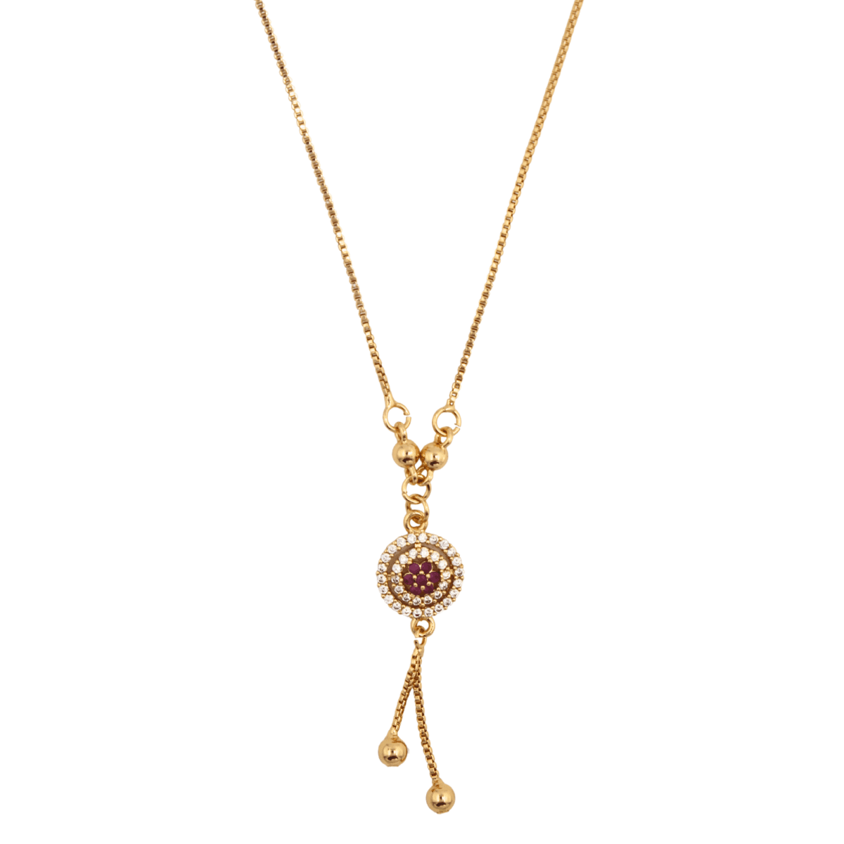 Gold-Plated Round Pendant Necklace with Ruby Red & CZ Stones - BeMine
