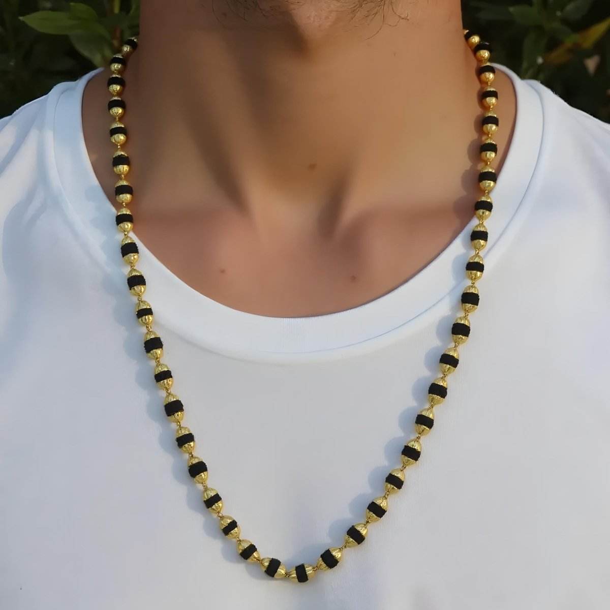 Gold-Plated Rudraksha Mala for Men | Traditional Black & Gold Beaded Necklace - BeMine