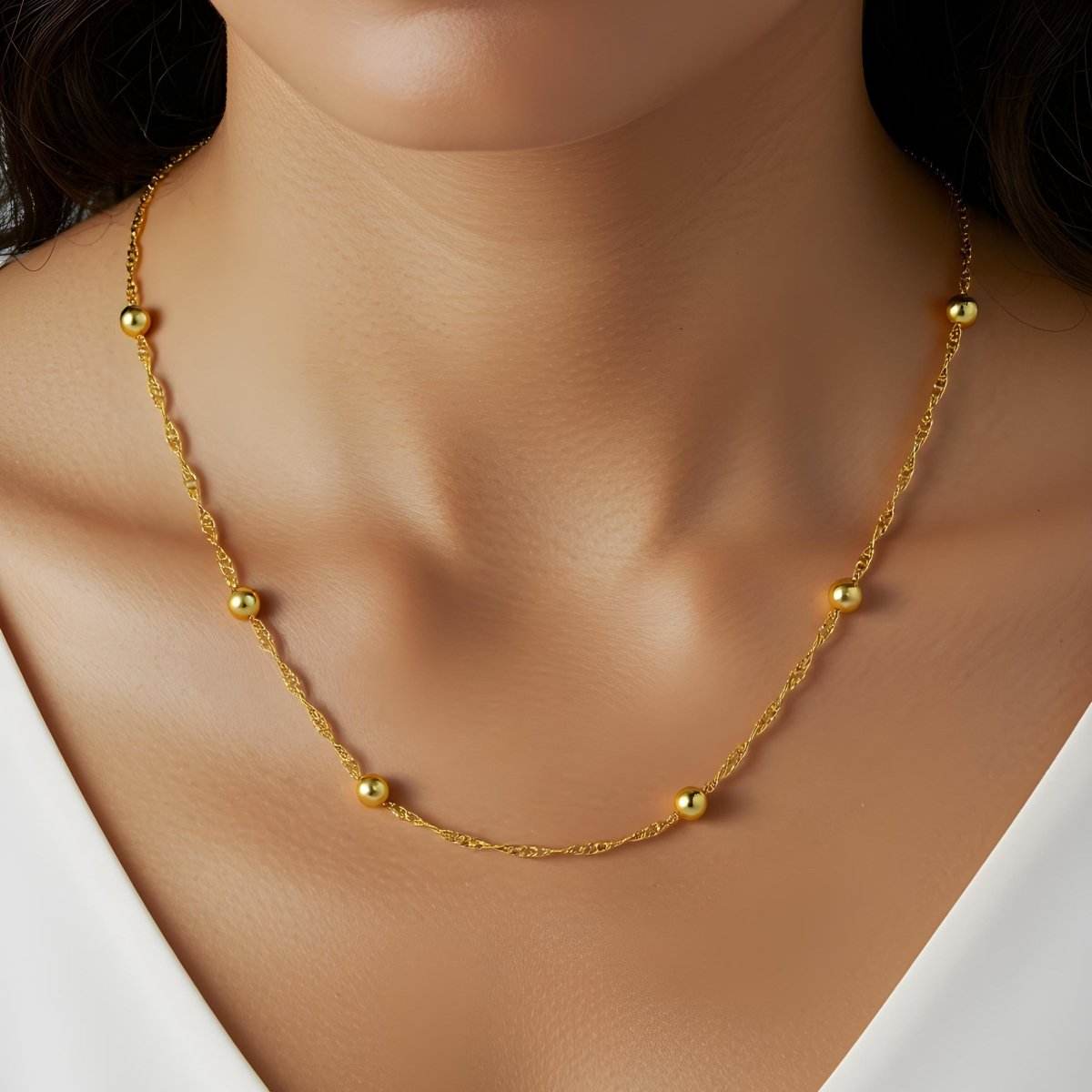 Gold-Plated Twisted Rope Chain with Spherical Beads | Lightweight Daily Wear Chain - BeMine
