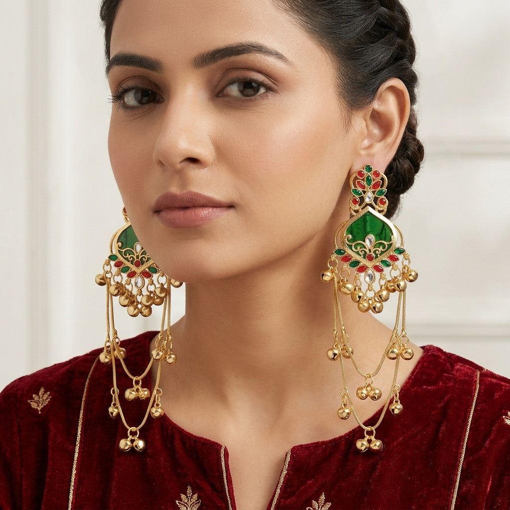 Model wearing gold-tone drop earrings with green and red stone-look accents and dangling beads