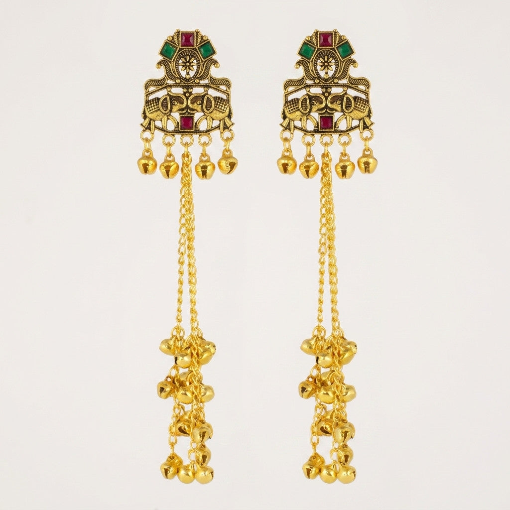 Front view of matching gold-tone earrings featuring bell drops and colorful accents on white background