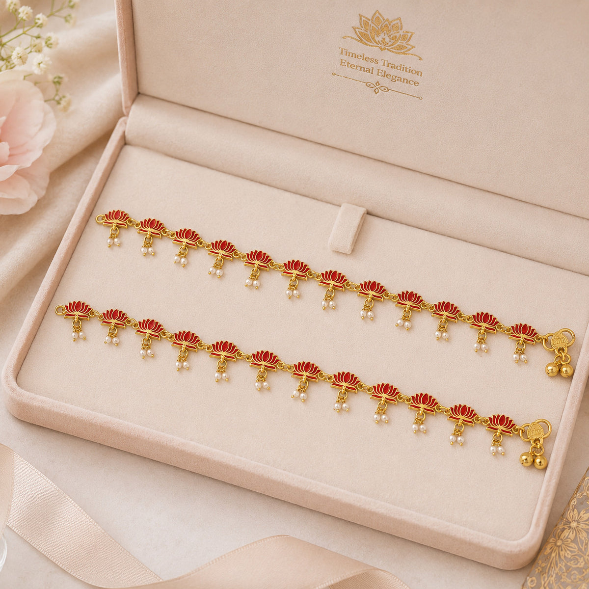 Pair of gold-tone red enamel lotus anklets with pearl-look bead dangles displayed in beige jewelry box