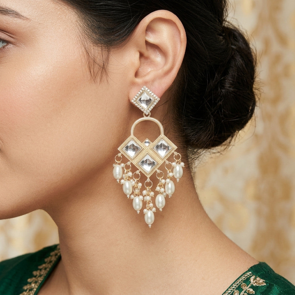 Gold-tone dangle earring with clear square stones and pearl-look beads worn on ear