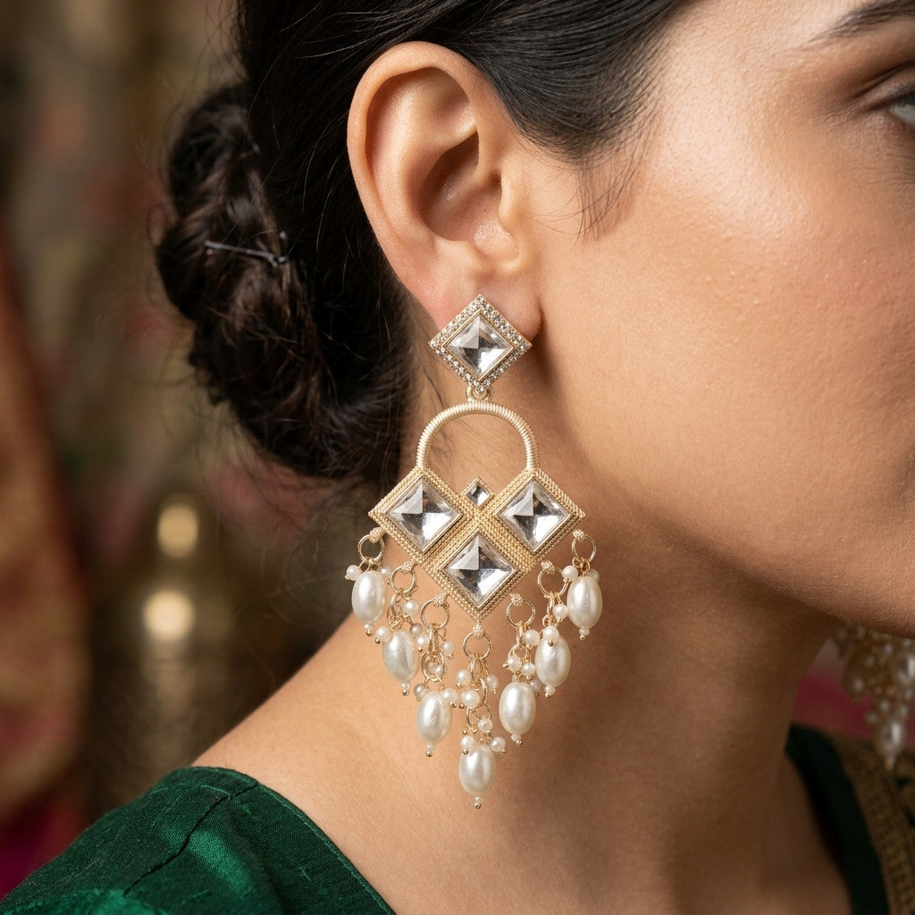 Side view of gold-tone dangle earring with clear stones and pearl-look bead clusters worn by model