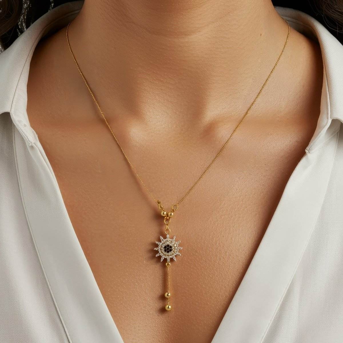 Gold-Tone Sunflower Pendant Necklace with Black & White CZ Stones - BeMine