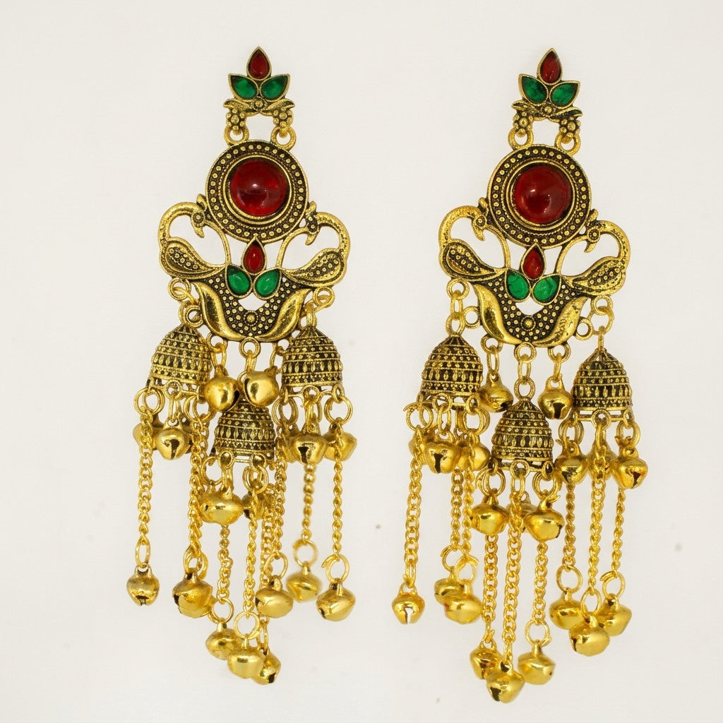 Front view of gold-tone jhumka earrings with dangling bell charms