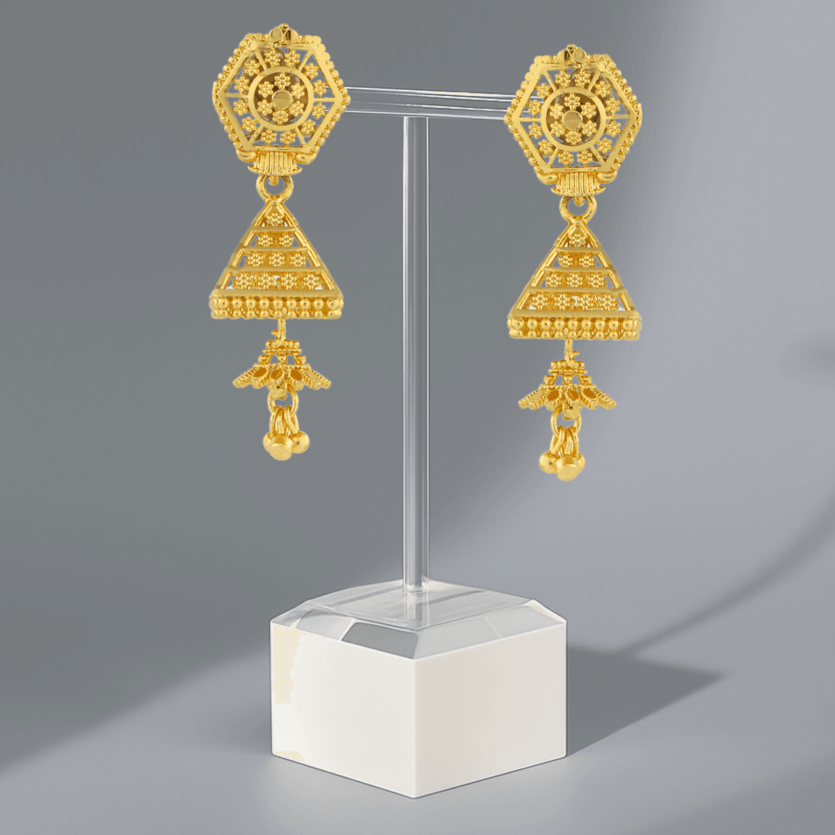 Hexa Pyramid Gold Jhumka Earrings - BeMine