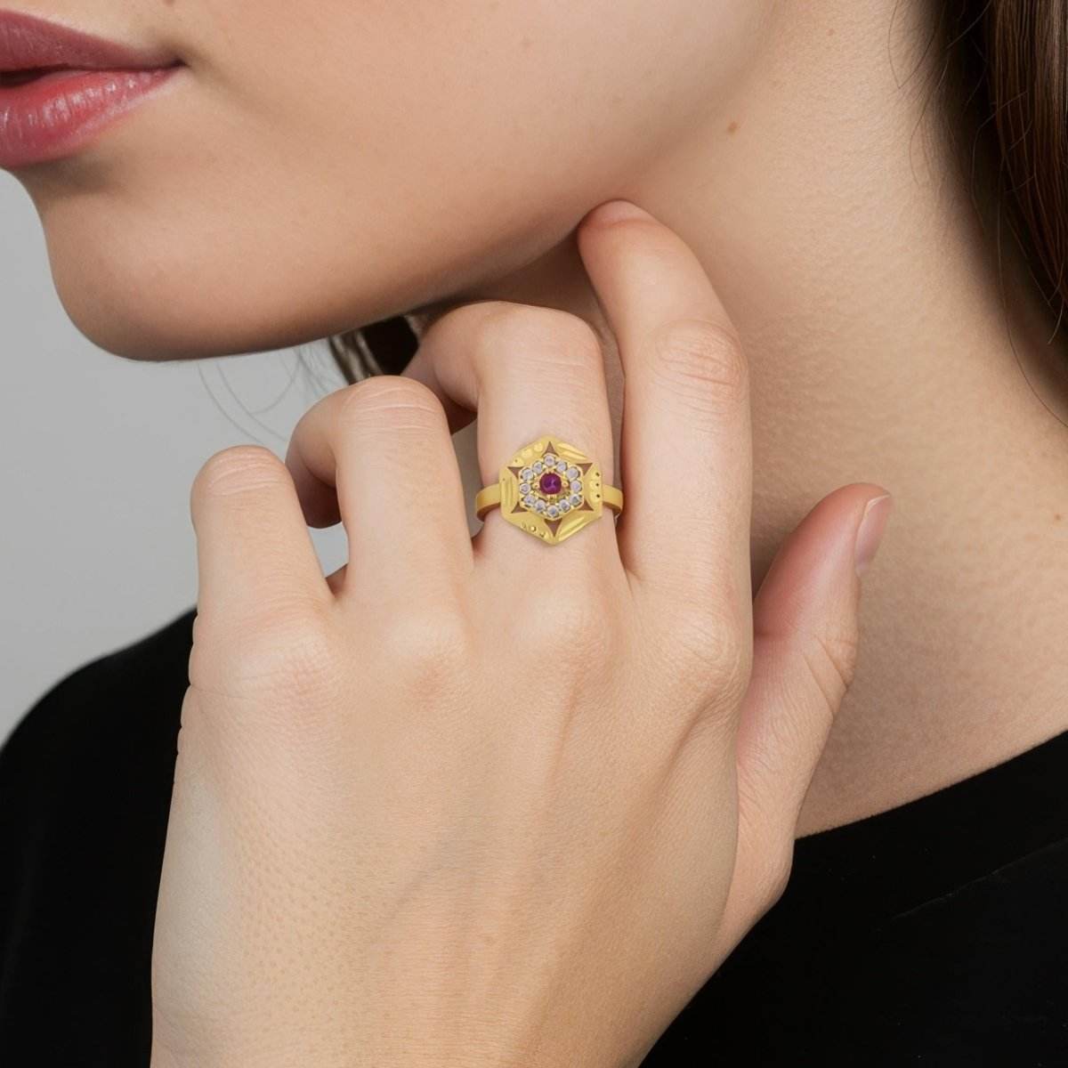 Hexagonal Gold-Plated Adjustable Women's Ring with CZ & Ruby-Tone Center - BeMine
