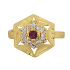 Hexagonal Gold-Plated Adjustable Women's Ring with CZ & Ruby-Tone Center - BeMine