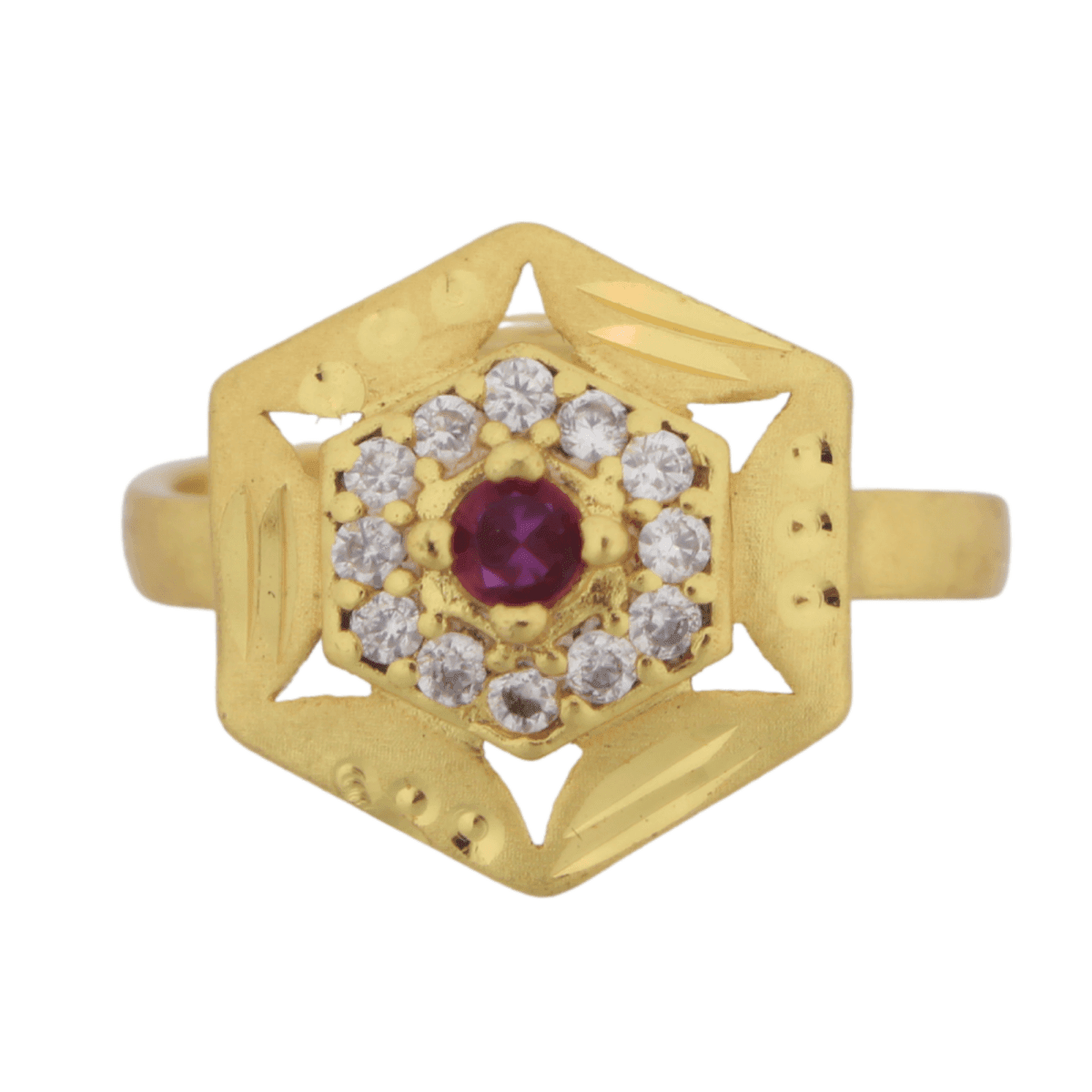 Hexagonal Gold-Plated Adjustable Women's Ring with CZ & Ruby-Tone Center - BeMine