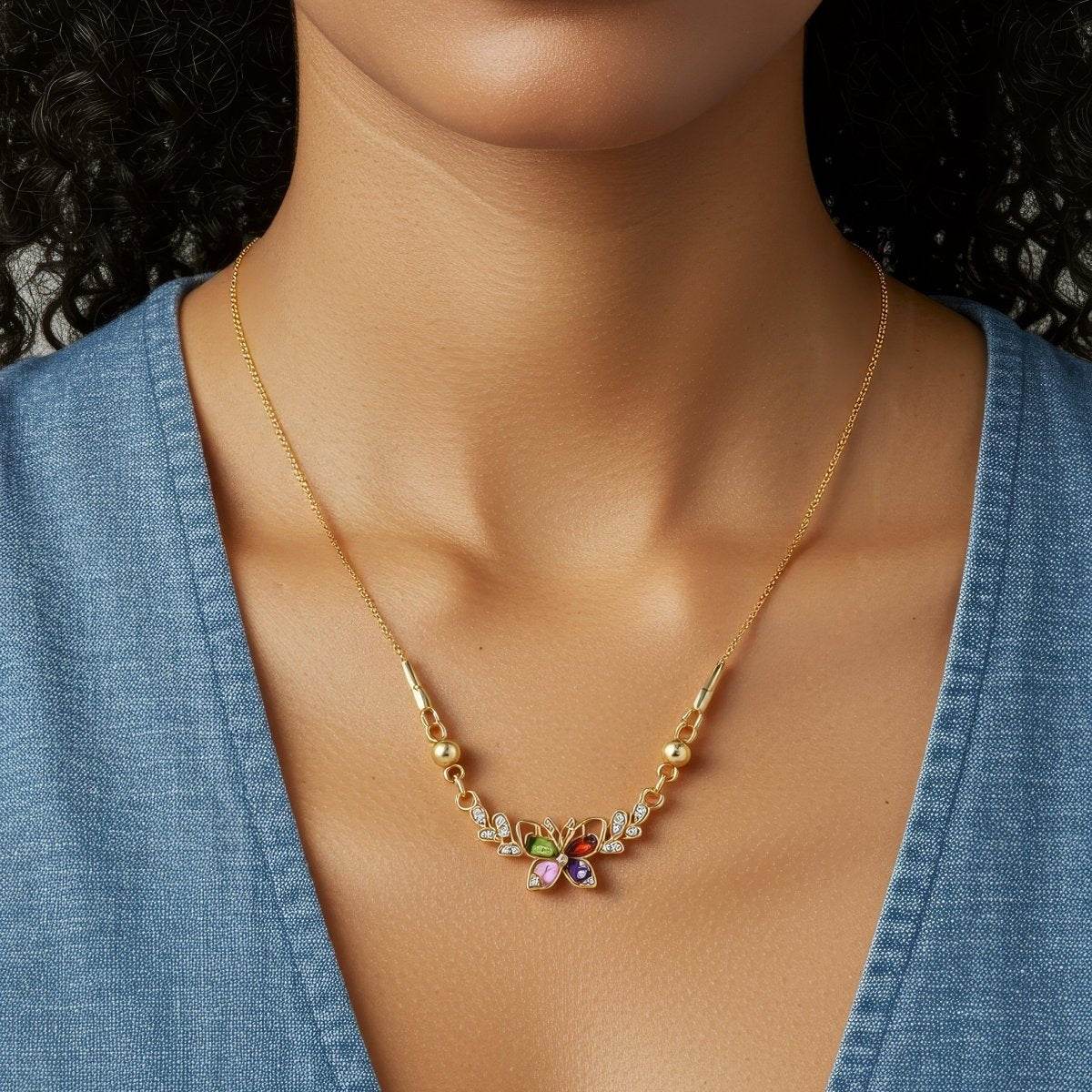 Multicolor Butterfly Pendant Gold-Tone Necklace for Women - BeMine