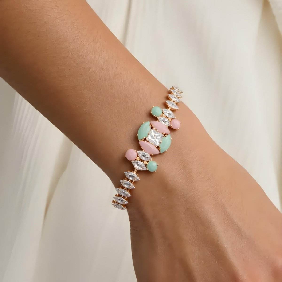Pastel Bloom Designer Bracelet with Rose Gold Finish & Crystal Accents - BeMine