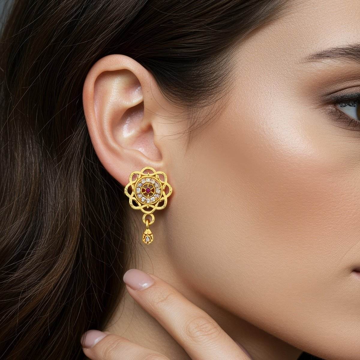 Radiant Floral Gold Plated Stud Earrings with Red Stone Center - BeMine