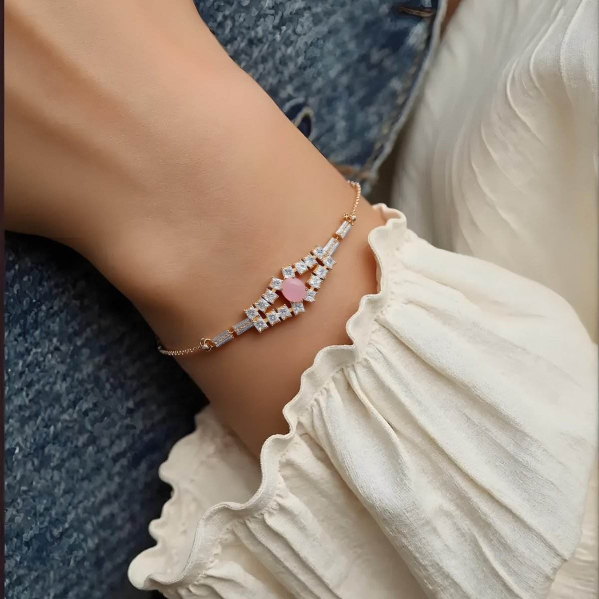 Rose Gold Adjustable Pink Center Crystal Bracelet for Women - BeMine