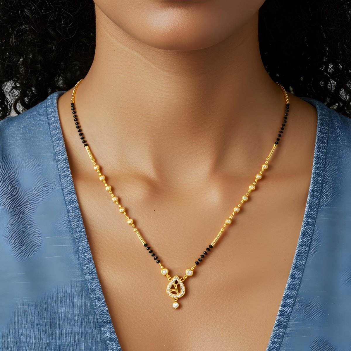 Teardrop Floral Pendant Gold-Plated Mangalsutra - BeMine