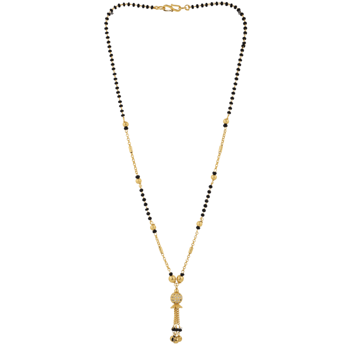 Traditional Gold-Plated Long Mangalsutra with Hanging CZ Ball Pendant & Ghungroo Tassels - BeMine