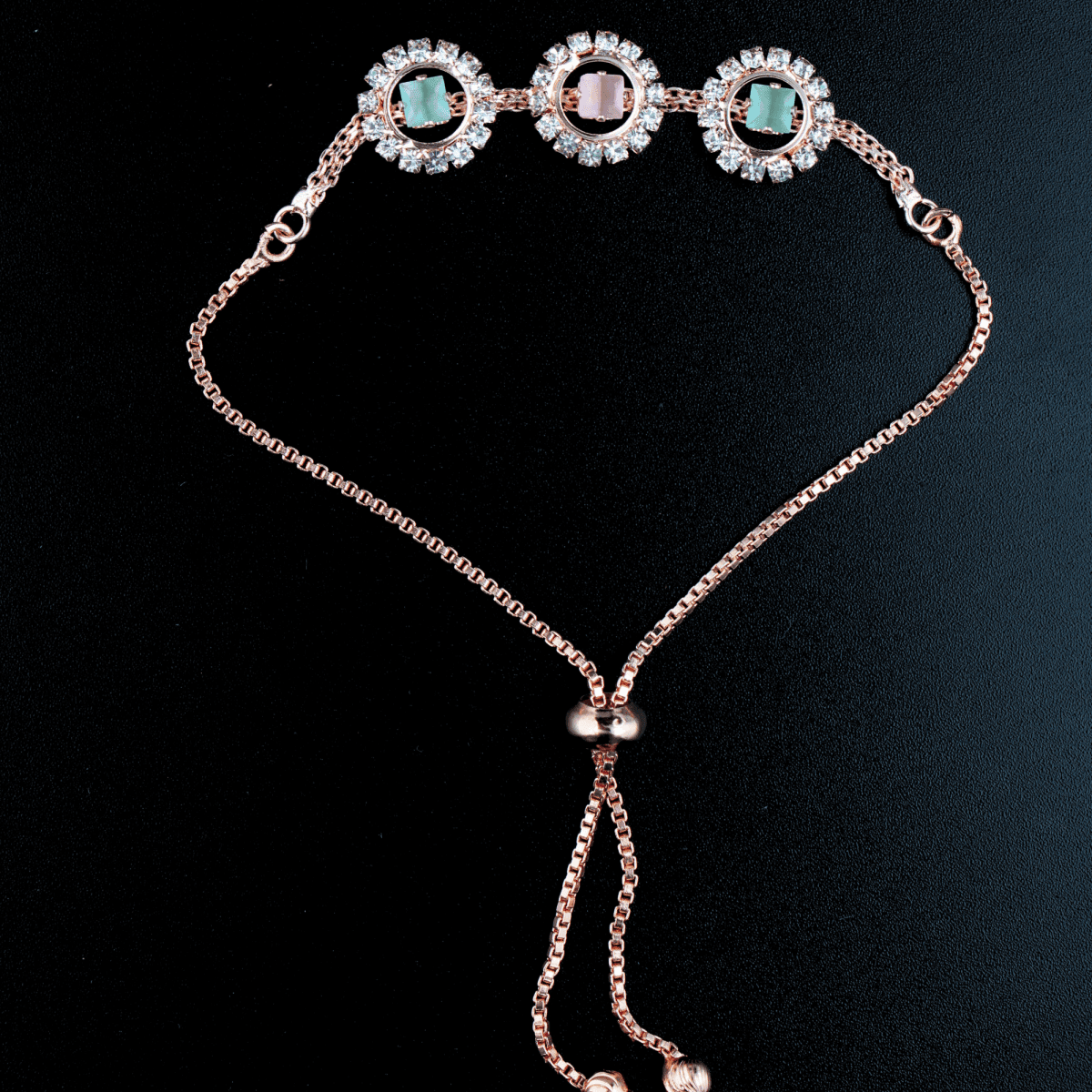 Triple Bloom Bracelet – Pastel Stones in Floral Halo, Rose Gold Adjustable Chain - BeMine