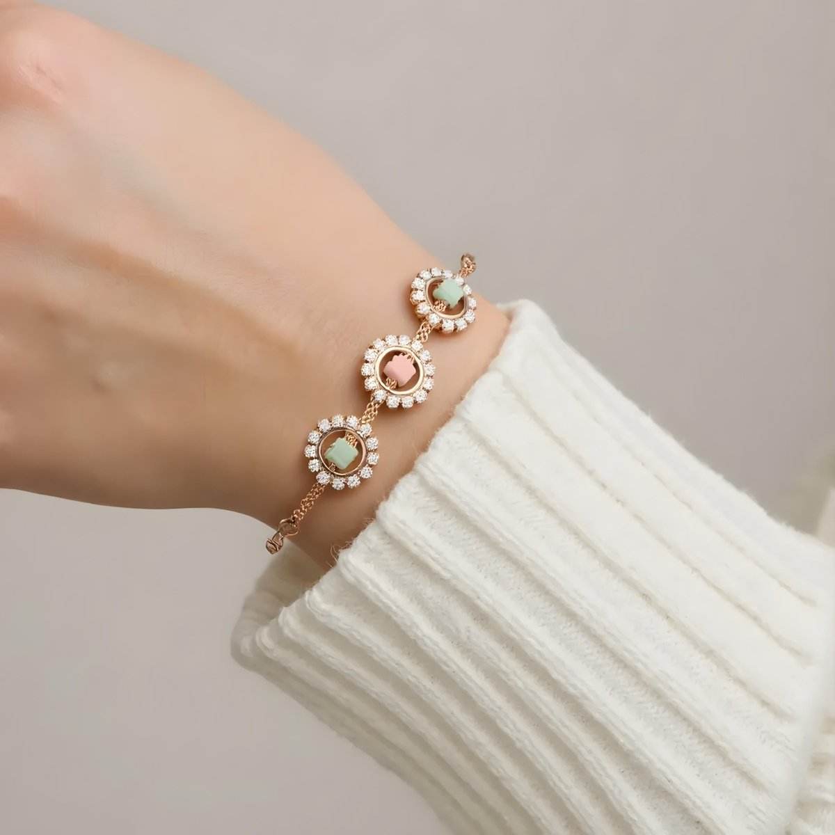 Triple Bloom Bracelet – Pastel Stones in Floral Halo, Rose Gold Adjustable Chain - BeMine