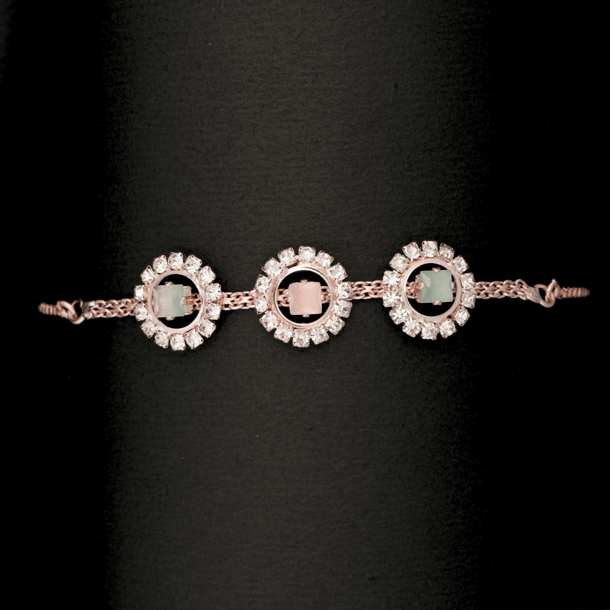Triple Bloom Bracelet – Pastel Stones in Floral Halo, Rose Gold Adjustable Chain - BeMine